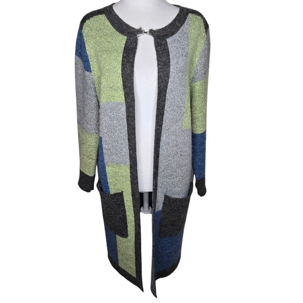 Hepburn Colorblock Open Front Cardigan Sweater Sz M Blue Green Gray Office